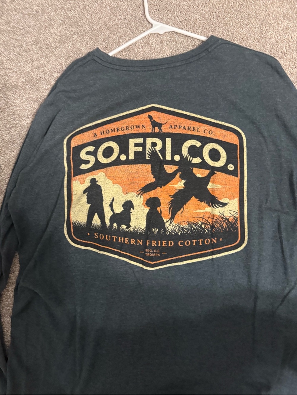 Southern Fried Cotton Mens Long Sleeve Tee in Dark Teal with Orange Graphic